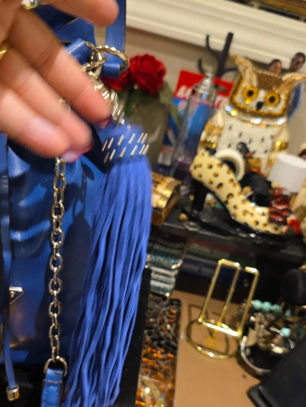 GUESS Royal Blue Drawstring Bucket Bag with Tassel